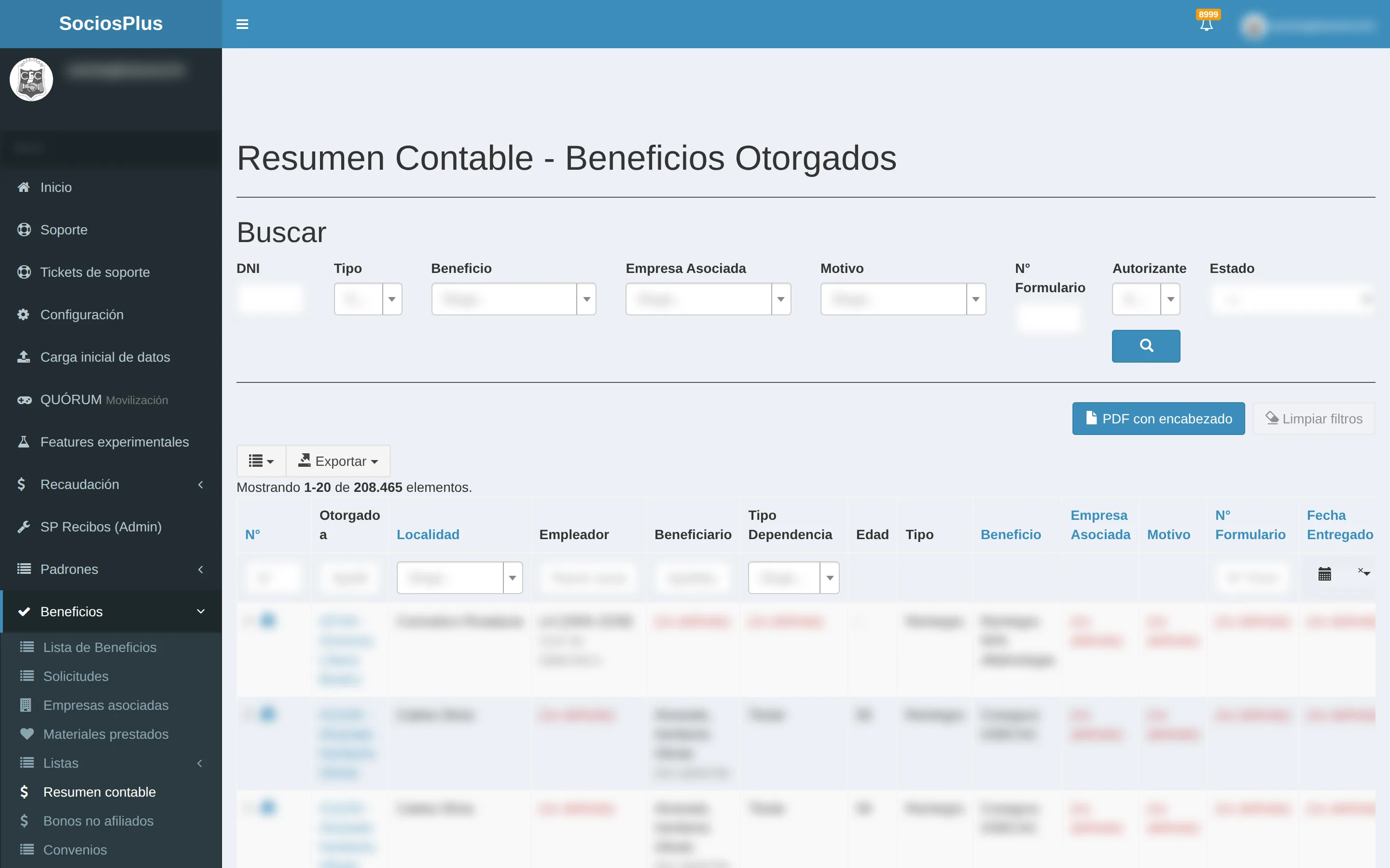 Pantalla de SociosPlus en escritorio: Cómo ver el resumen contable de beneficios otorgados